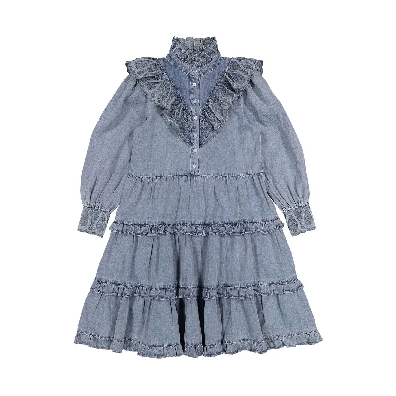 - Rabbit grass rack to prevent waste food boxPetite Pink Light Chambray Embroidered Dress With Tiered Skirt