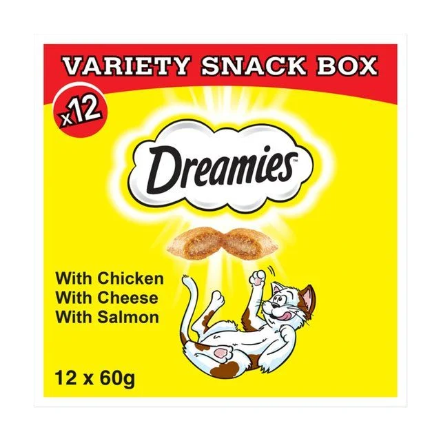    - Cat food for spayed/neutered cats  Dreamies Variety Snack Box Cat Treats with Chicken Cheese & Salmon   12 x 60g